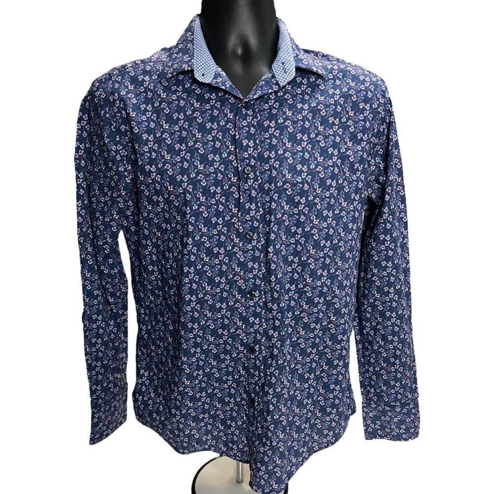 QUIETI Men’s Floral Button-Up‎ Shirt Small Navy Blue 100% Cotton Long Sleeve